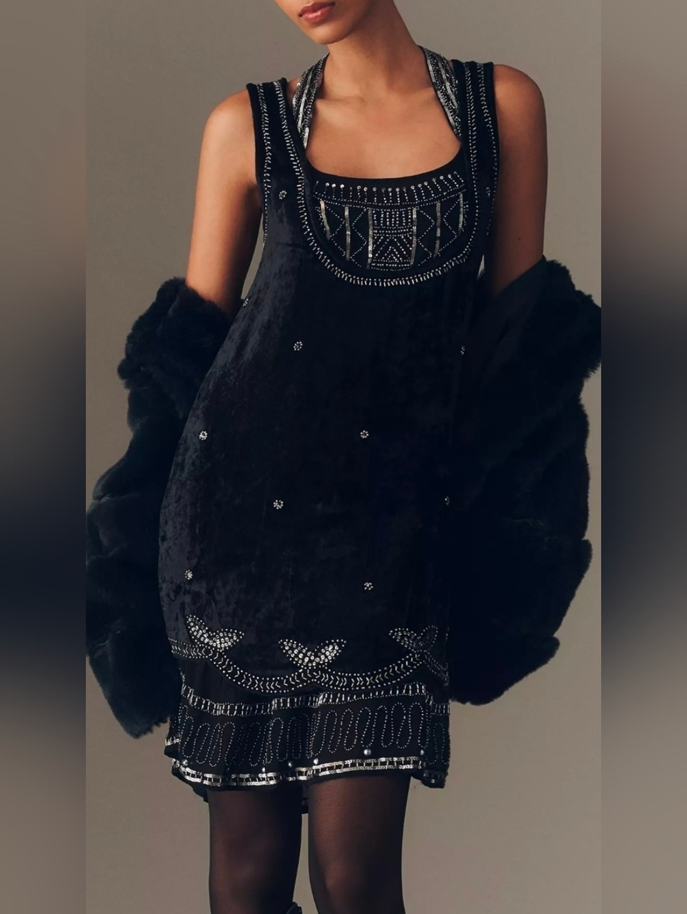 Anthropologie Black Velvet Sleeveless Beaded Mini Dress - Picture 3 of 3
